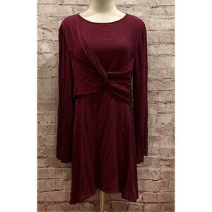 ENTRO Long Sleeve Burgundy Twist Front A- Line Dress Rayon Womens Size M NEW